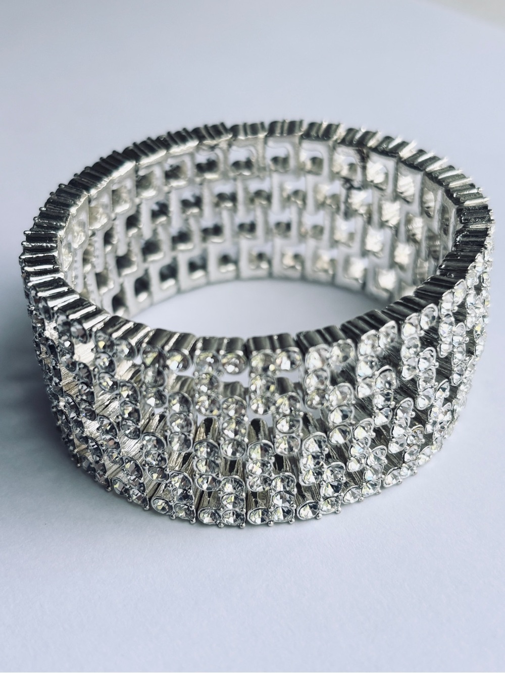 Monet Vintage Signed 80’s Crystal Rhinestone Stretch Silver Tone Cuff Bracelet